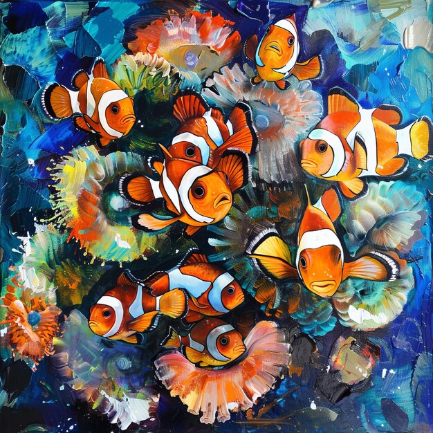 A painting of a group of clownfish swimming in a coral reef