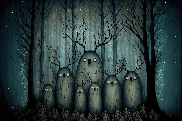 A painting of a group of creepy creatures in a dark forest.