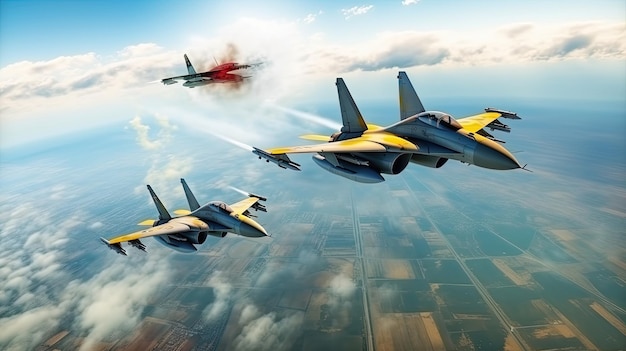 A painting of a group of fighter jets flying in the sky.