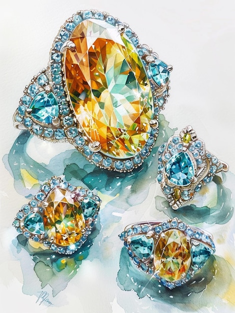 Photo painting of a group of jewelry with a large orange and blue diamond generative ai