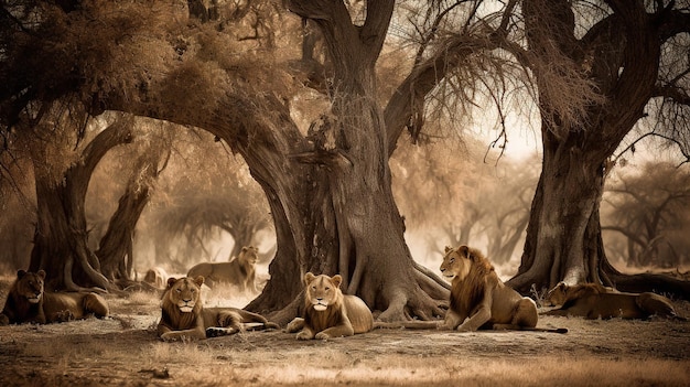 A painting of a group of lions in a forest