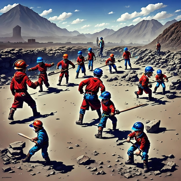 A painting of a group of men with blue helmets and helmets A symbolic pics of child labour day