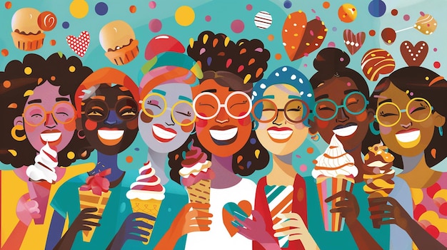 a painting of a group of people eating ice creams