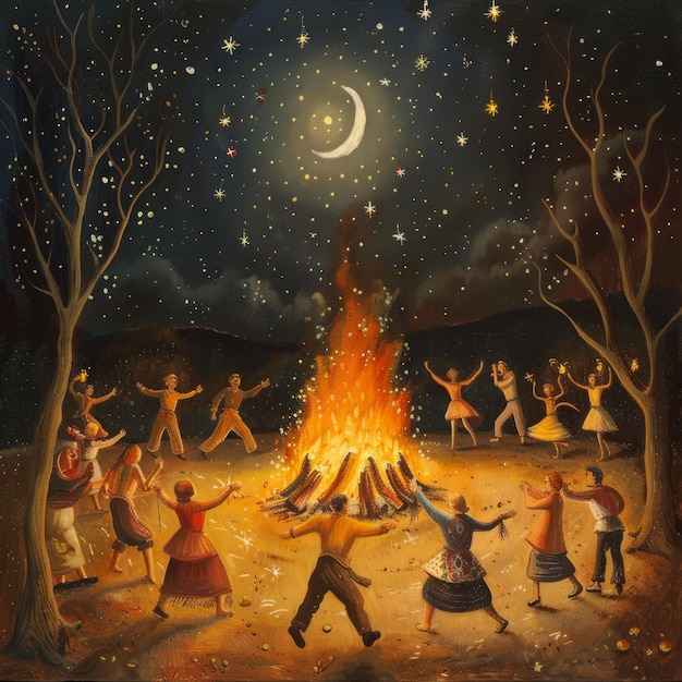 A painting of a group of people gathered around a fire