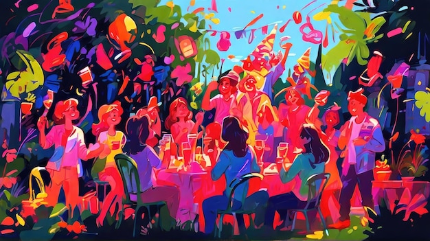 a painting of a group of people having drinks in a park