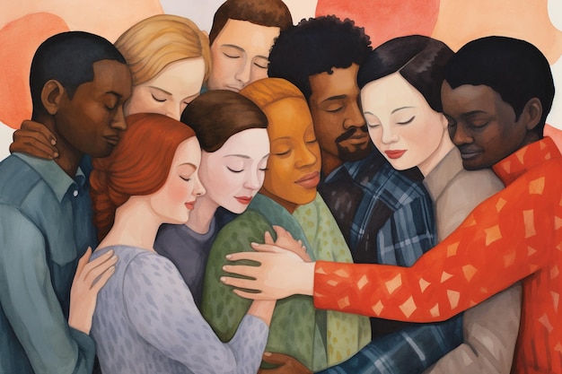 Photo a painting of a group of people hugging each other