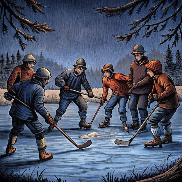 Photo a painting of a group of people playing hockey in a lake