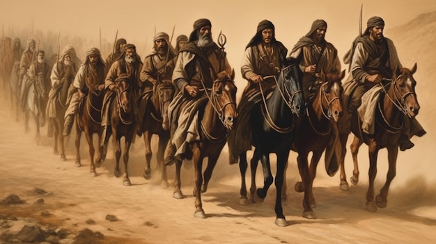 A painting of a group of people riding horses in the desert.