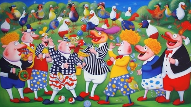 A painting of a group of people with birds on it