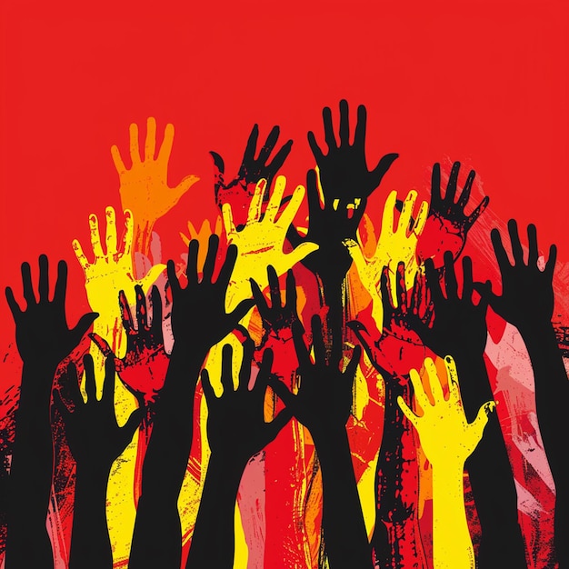 a painting of a group of people with the hands up