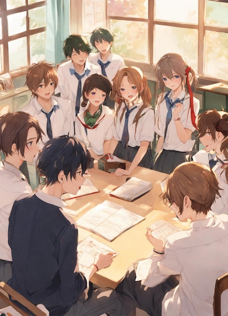 a painting of a group of students reading a book