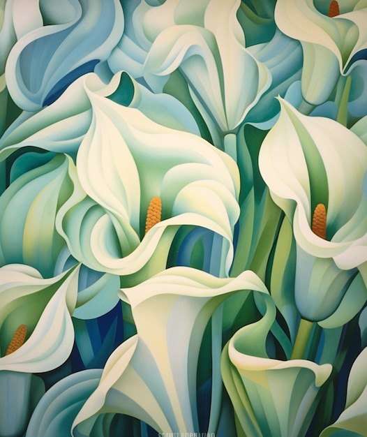 Painting of a group of white flowers with green leaves generative ai