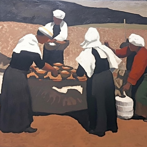 Painting of a group of women preparing food in a desert generative ai