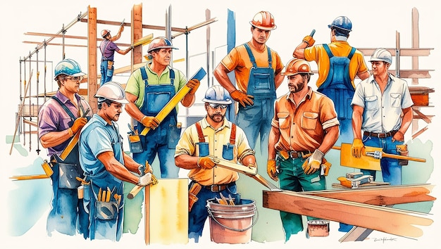 a painting of a group of workers working on a building site