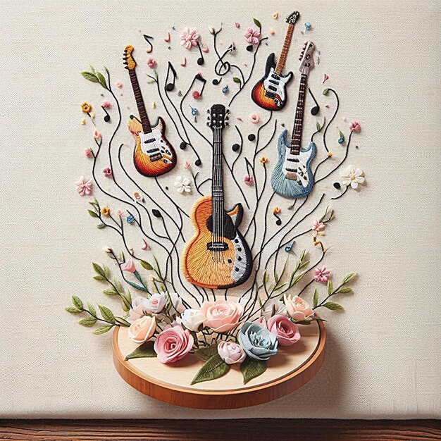 Photo a painting of a guitar and flowers on a table