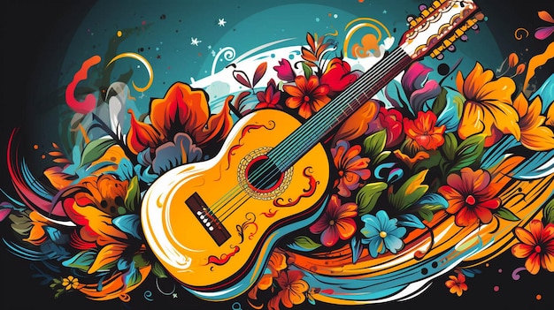 a painting of a guitar and flowers with a picture of a guitar