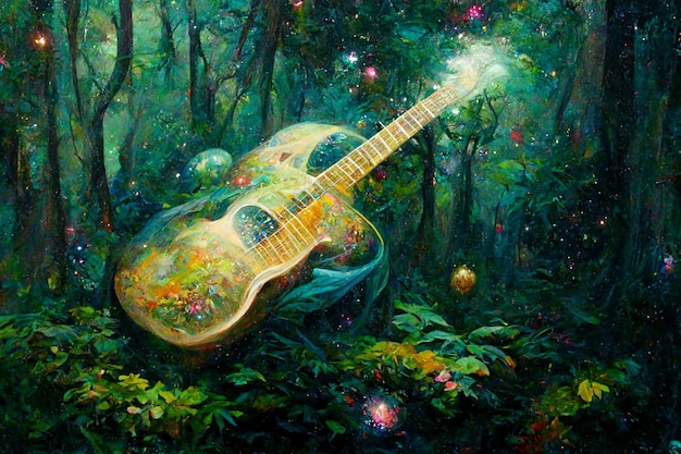 A painting of a guitar in the forest with a flower on it.