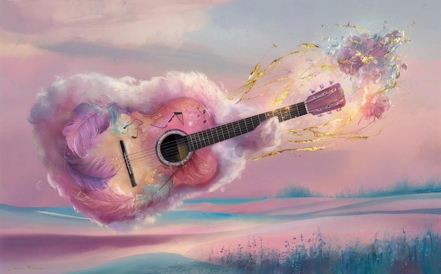 a painting of a guitar and a guitar with a pink and blue background