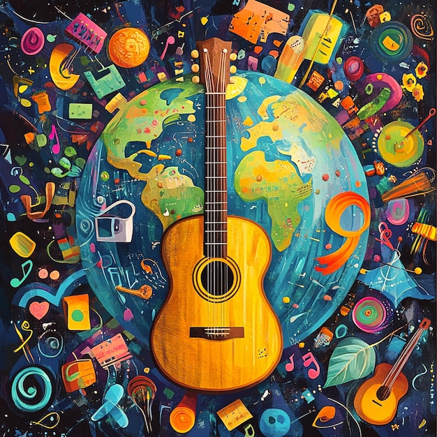 Photo a painting of a guitar and a world map with many things around it