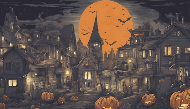 a painting of a halloween scene with pumpkins and a full moon in the background