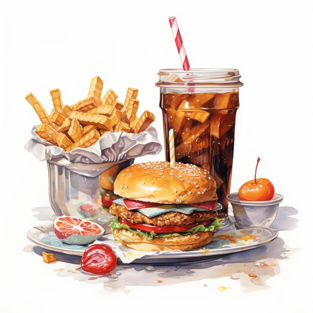 painting of a hamburger and fries on a plate with a drink generative ai