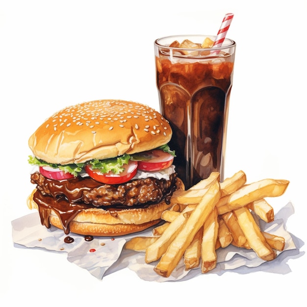 painting of a hamburger and fries with a drink on a table generative ai