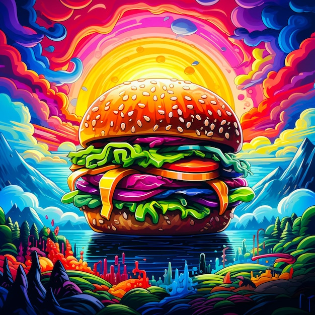 a painting of a hamburger with a rainbow in the background