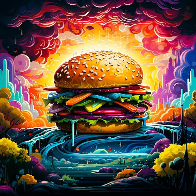 a painting of a hamburger with the word burger on it