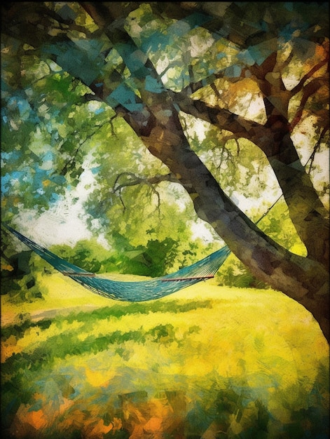 A painting of a hammock in a field with trees and a blue sky.