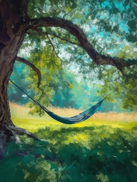 A painting of a hammock hanging in a field with trees in the background.