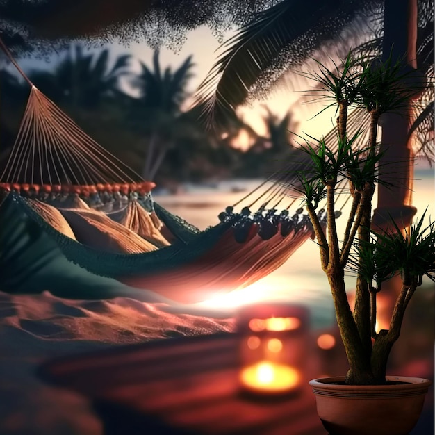 A painting of a hammock and a palm tree on the beach