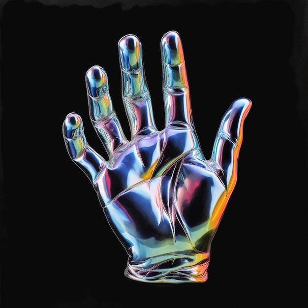 a painting of a hand with a multicolored hand in the middle.