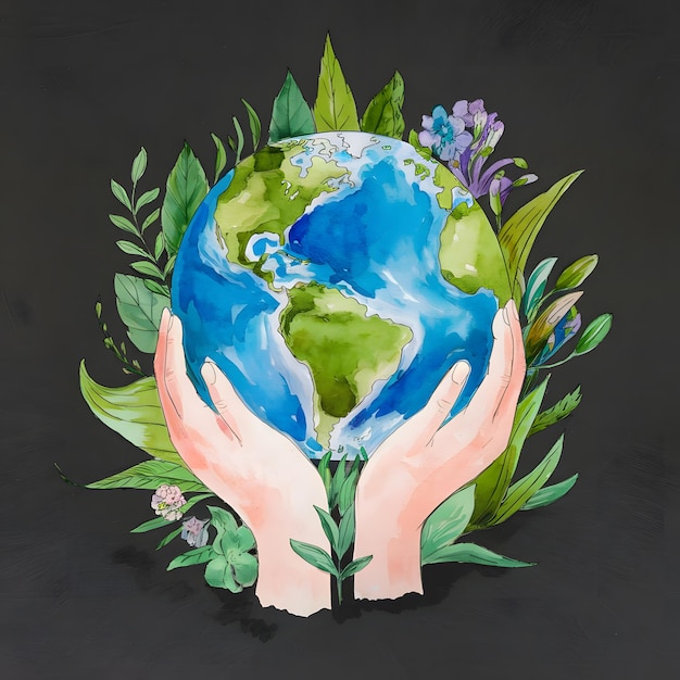 a painting of hands holding a globe with the word earth on it