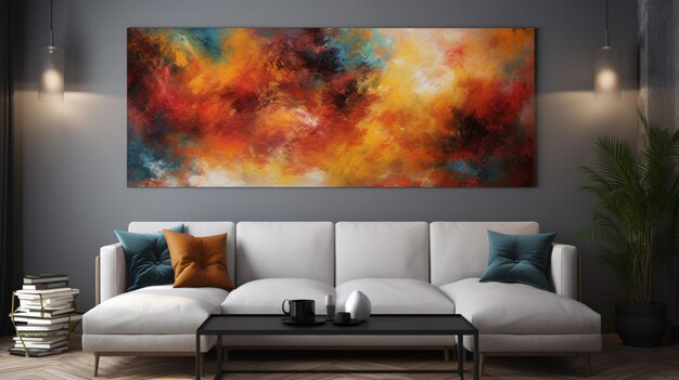 A painting hangs above a couch in a living room.