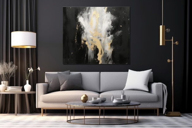 A painting hangs on a wall above a couch in a living room.