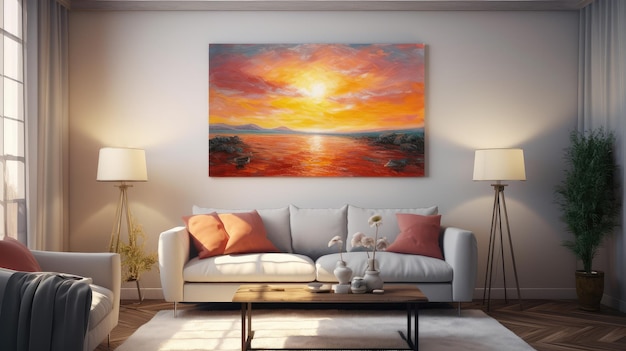 A painting hangs on a wall above a couch with a sunset over the ocean.