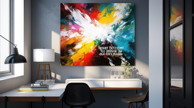 A painting hangs on a wall in a home office.