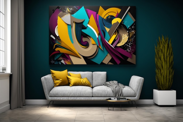 A painting hangs on a wall in a living room with a couch and a couch.