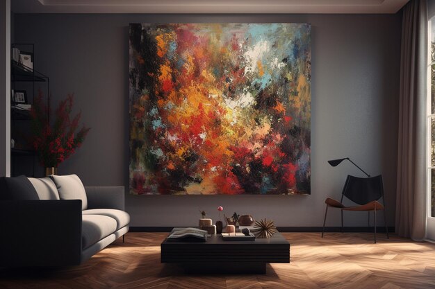 A painting hangs on a wall in a living room.