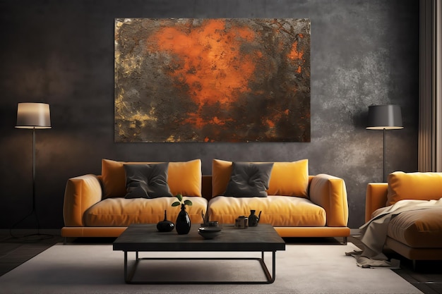 A painting hangs on a wall in a living room