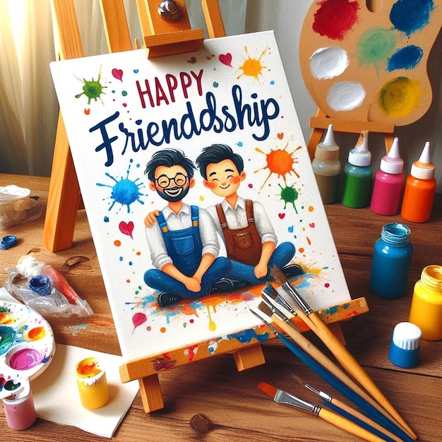 a painting of a happy friendship with a boy and a boy