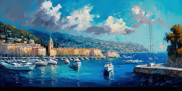 A painting of a harbor with a blue sky and the words " nice " on the bottom.