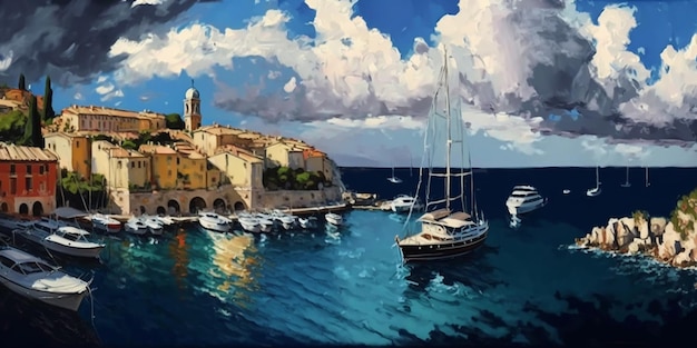 A painting of a harbor with boats in the water and the sky in the background.