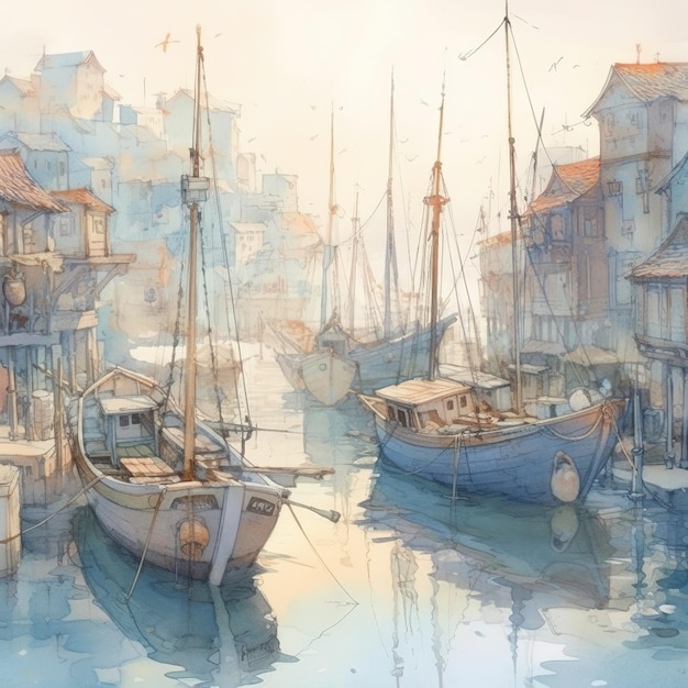 A painting of a harbor with boats in the water.