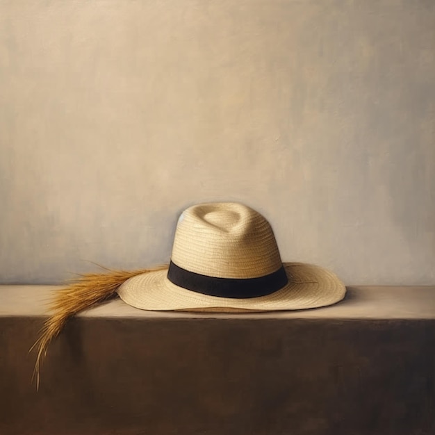 painting of a hat with a feather on a ledge generative ai