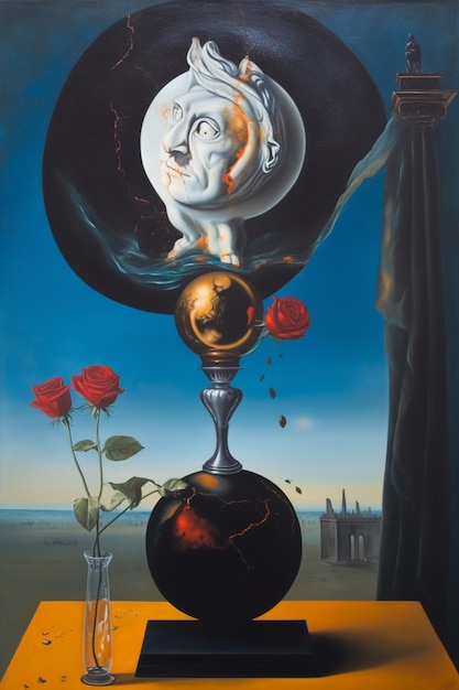 A painting of a head with a vase of roses on it