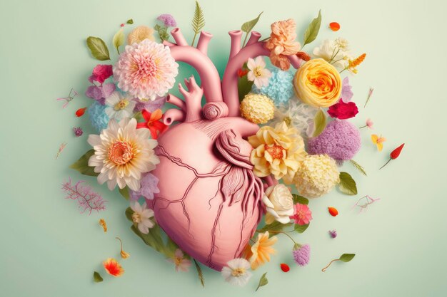 A painting of a heart with flowers and flowers