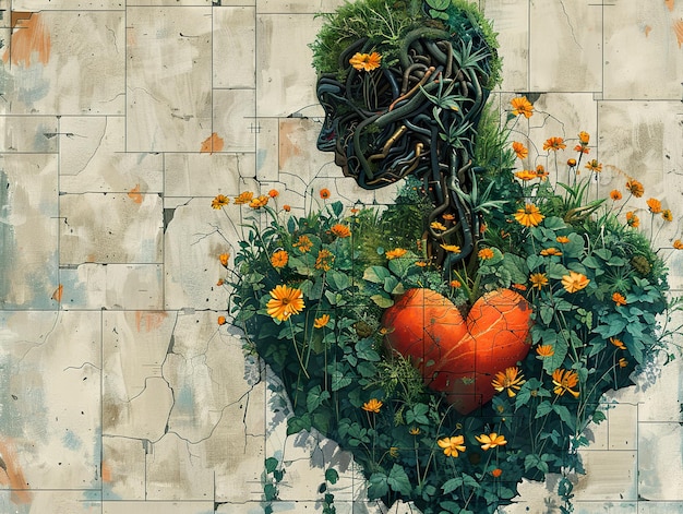 a painting of a heart with flowers and a heart on it