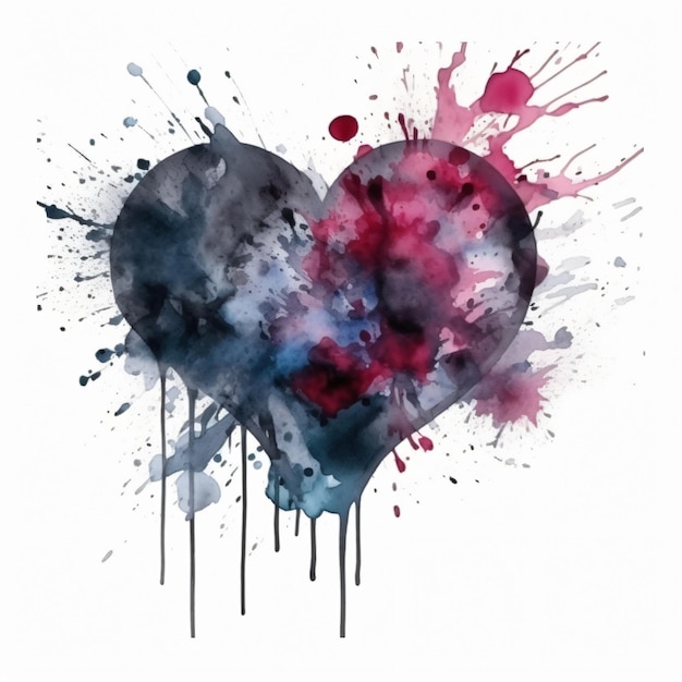 A painting of a heart with red and blue paint splatters.