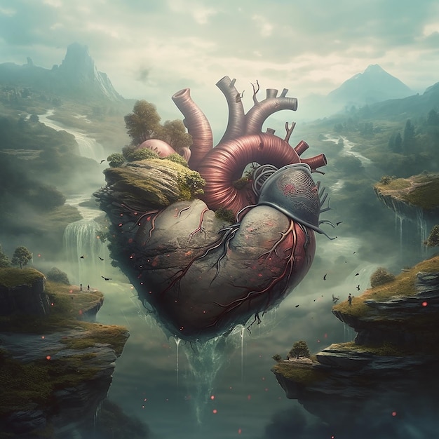 A painting of a heart with a waterfall in the background